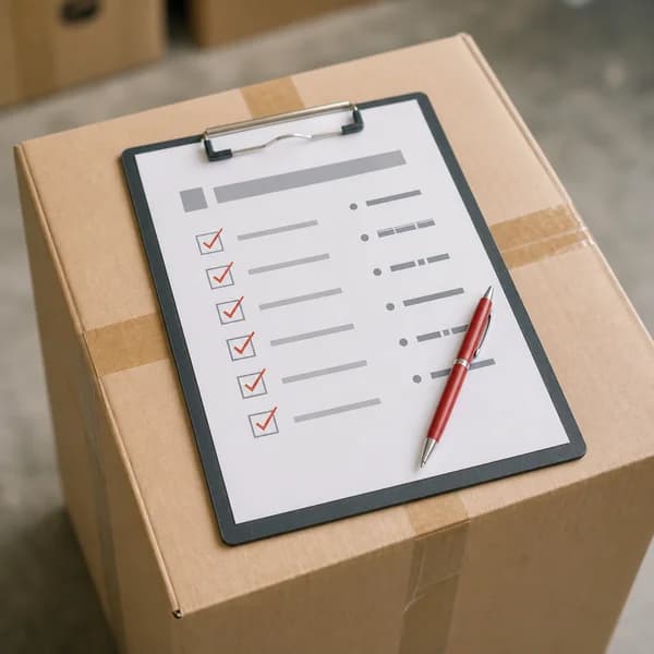 Checked procurement form on a clipboard resting on a sealed shipping box