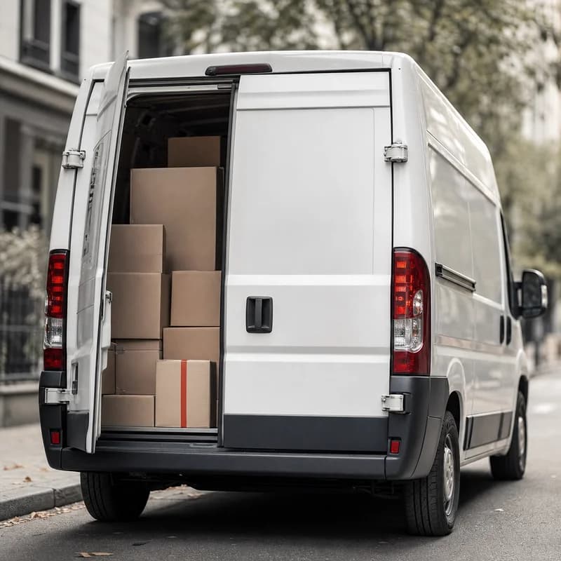 White delivery van with unmarked parcels visible through the rear cargo door