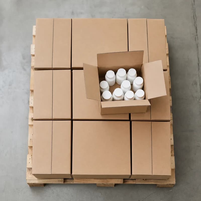 Plain cardboard boxes on a warehouse pallet with unlabelled medicine bottles